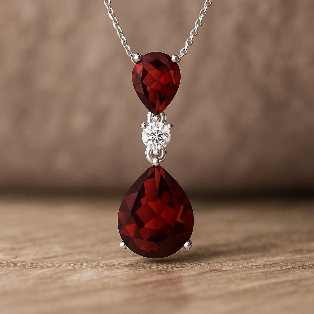 Natural Garnet & Diamond 92.5 Sterling Silver Pendant with Chain: Natural Garnet & Diamond 92.5 Sterling Silver Pendant with Chain Gemstone Shape : Pear Gemstone Size : 10x8 MM, 7x5 MM Gemstone Quantity : 2 Pieces Diamond Type : Lab Grown Diamond Shape : Round