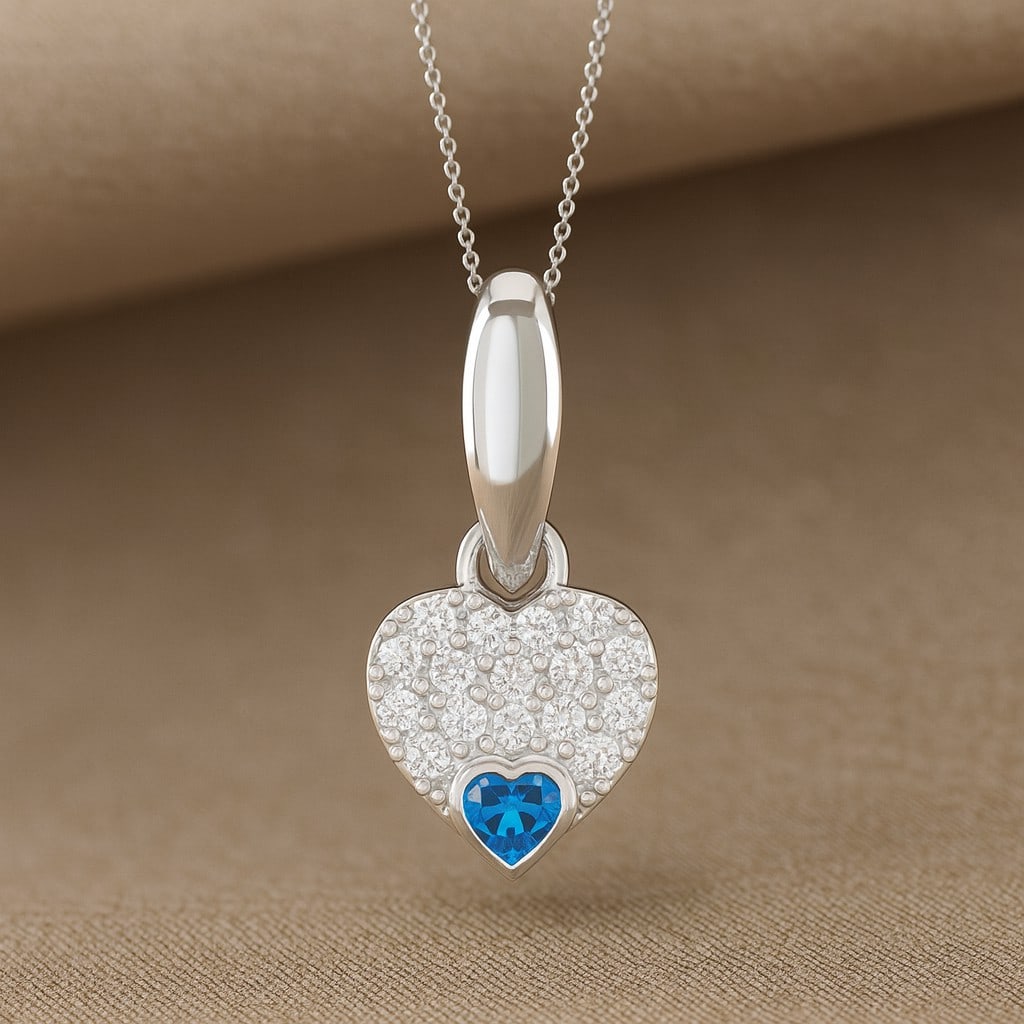 Natural Swiss Blue Topaz & Diamond 92.5 Sterling Silver Pendant with Chain: Natural Swiss Blue Topaz & Diamond 92.5 Sterling Silver Pendant with Chain Gemstone Shape : Heart Gemstone Size : 3 MM Gemstone Quantity : 1 Piece Diamond Type : Lab Grown Diamond Shape : Round
