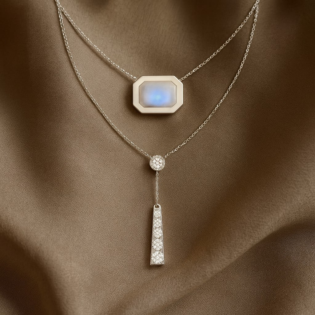 Natural Moonstone & Diamond 92.5 Sterling Silver Necklace: Natural Moonstone & Diamond 92.5 Sterling Silver Necklace Gemstone Shape : Emerald Gemstone Size : 6 MM Gemstone Quantity : 1 Piece Diamond Type : Lab Grown Diamond Shape : Round Diamond Color