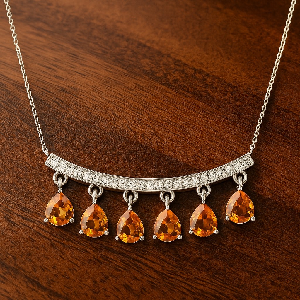 Natural Citrine & Diamond 92.5 Sterling Silver Necklace: Natural Citrine & Diamond 92.5 Sterling Silver Necklace Gemstone Shape : Pear Gemstone Size : 5x4 MM Gemstone Quantity : 6 Pieces Diamond Type : Lab Grown Diamond Shape : Round Diamond Color :