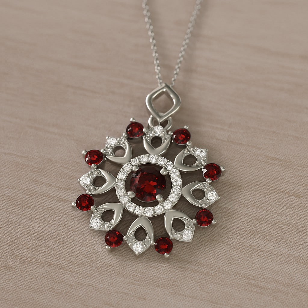 Natural Garnet & Diamond 92.5 Sterling Silver Pendant with Chain: Natural Garnet & Diamond 92.5 Sterling Silver Pendant with Chain Gemstone Shape : Round Gemstone Size : 4 MM, 2 MM Gemstone Quantity : 1 Piece, 8 Pieces Diamond Type : Lab Grown Diamond Shape : Round<