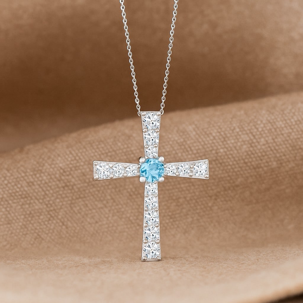 Natural Aquamarine & Diamond 92.5 Sterling Silver Pendant with Chain: Natural Aquamarine & Diamond 92.5 Sterling Silver Pendant with Chain Gemstone Shape : Round Gemstone Size : 3 MM Gemstone Quantity : 1 Piece Diamond Type : Lab Grown Diamond Shape : Round Diamo