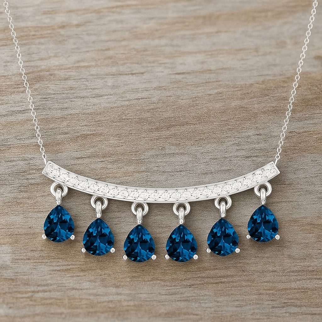 Natural London Blue Topaz & Diamond 92.5 Sterling Silver Necklace: Natural London Blue Topaz & Diamond 92.5 Sterling Silver Necklace Gemstone Shape : Pear Gemstone Size : 5x4 MM Gemstone Quantity : 6 Pieces Diamond Type : Lab Grown Diamond Shape : Round Diamon