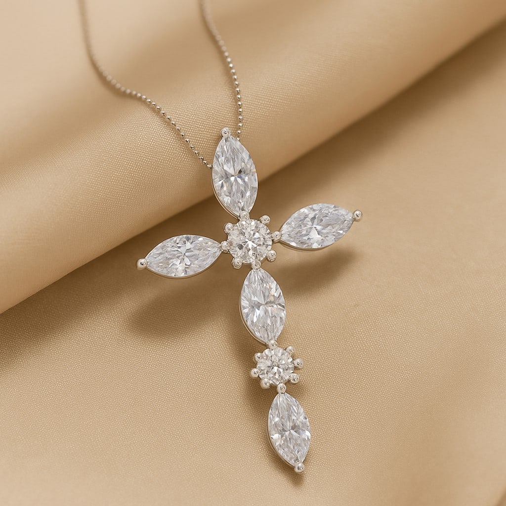 Lab Grown Diamond 92.5 Sterling Silver Pendant with Chain: Lab Grown Diamond 92.5 Sterling Silver Pendant with Chain Gemstone Shape : Marquise Gemstone Size : 7x3.5 MM Gemstone Quantity : 5 Pieces Diamond Type : Lab Grown Diamond Shape : Round Diamond