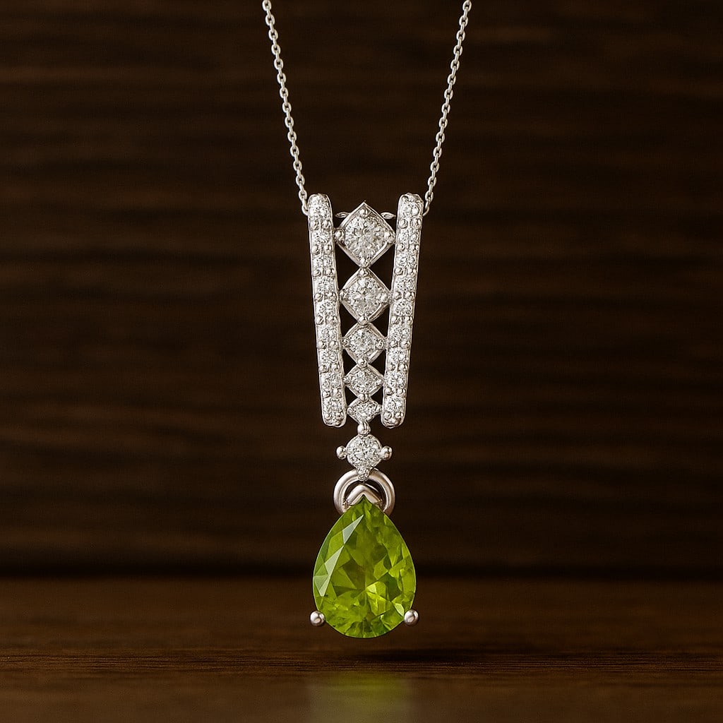 Natural Peridot & Diamond 92.5 Sterling Silver Pendant with Chain: Natural Peridot & Diamond 92.5 Sterling Silver Pendant with Chain Gemstone Shape : Pear Gemstone Size : 8x6 MM Gemstone Quantity : 1 Piece Diamond Type : Lab Grown Diamond Shape : Round Diamond