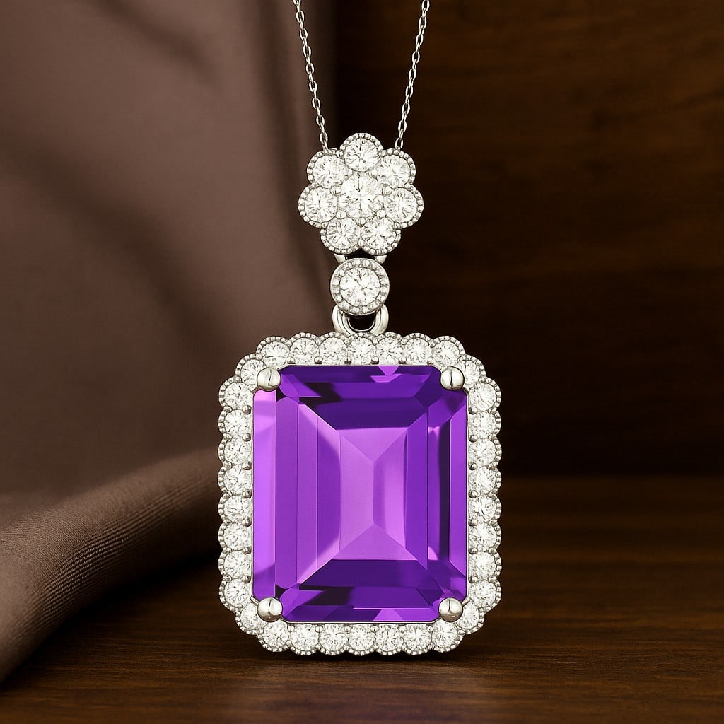 Natural Amethyst & Diamond 92.5 Sterling Silver Pendant with Chain: Natural Amethyst & Diamond 92.5 Sterling Silver Pendant with Chain Gemstone Shape : Emerald Gemstone Size : 12x10 MM Gemstone Quantity : 1 Piece Diamond Type : Lab Grown Diamond Shape : Round D
