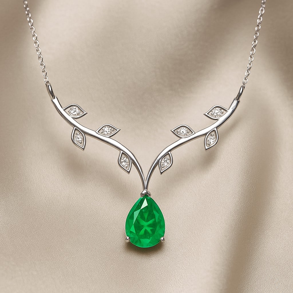Lab Grown Emerald & Diamond 92.5 Sterling Silver Necklace: Lab Grown Emerald & Diamond 92.5 Sterling Silver Necklace Gemstone Shape : Pear Gemstone Size : 8x6 MM Gemstone Quantity : 1 Piece Diamond Type : Lab Grown Diamond Shape : Round Diamond Color :