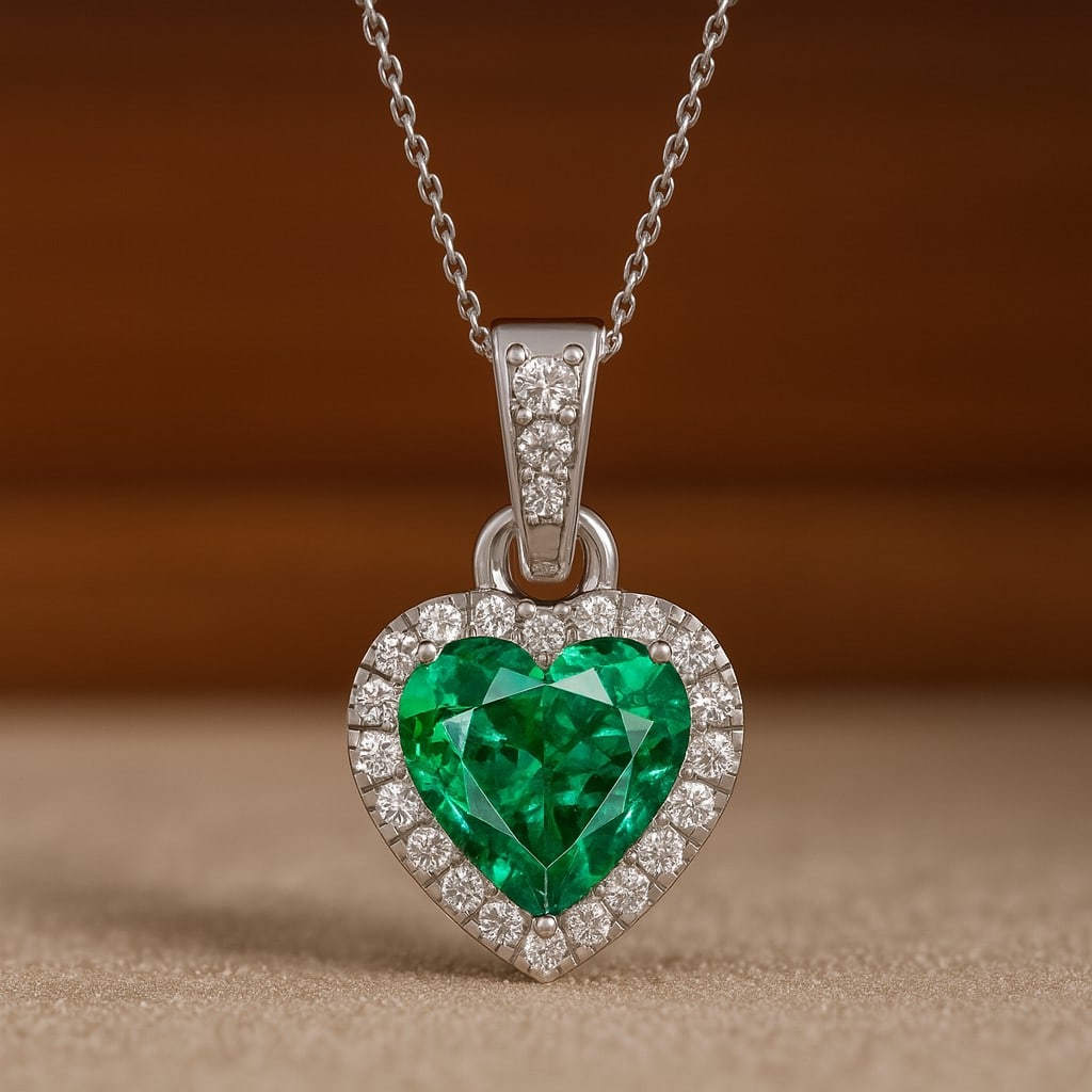 Lab Grown Emerald & Diamond 92.5 Sterling Silver Pendant with Chain: Lab Grown Emerald & Diamond 92.5 Sterling Silver Pendant with Chain Gemstone Shape : Heart Gemstone Size : 6 MM Gemstone Quantity : 1 Piece Diamond Type : Lab Grown Diamond Shape : Round Diamon