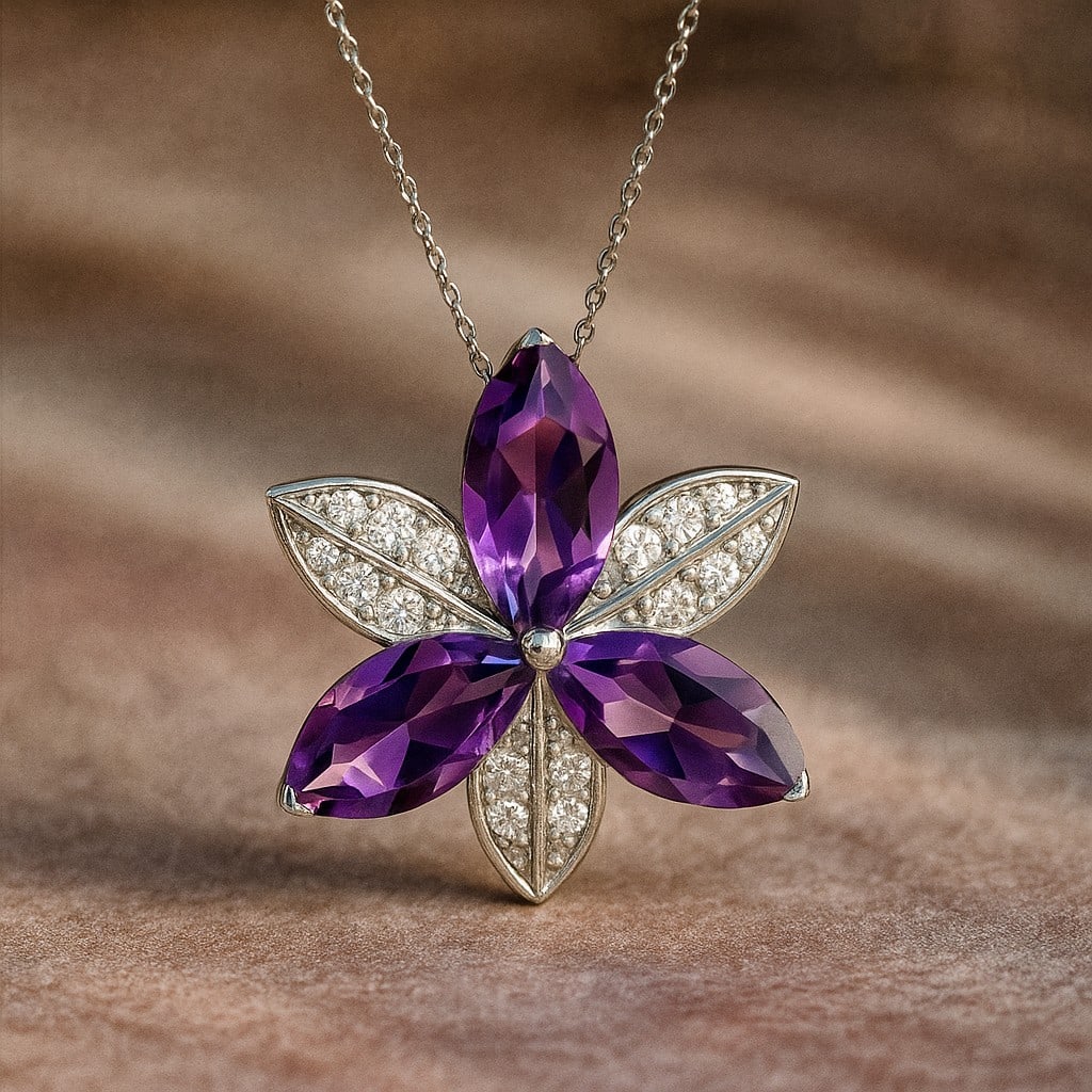Natural Amethyst & Diamond 92.5 Sterling Silver Pendant with Chain: Natural Amethyst & Diamond 92.5 Sterling Silver Pendant with Chain Gemstone Shape : Marquise Gemstone Size : 12x6 MM Gemstone Quantity : 3 Pieces Diamond Type : Lab Grown Diamond Shape : Round