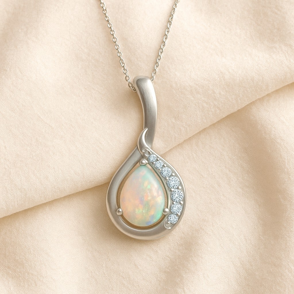 Natural Opal & Diamond 92.5 Sterling Silver Pendant with Chain: Natural Opal & Diamond 92.5 Sterling Silver Pendant with Chain Gemstone Shape : Pear Gemstone Size : 7x5 MM Gemstone Quantity : 1 Piece Diamond Type : Lab Grown Diamond Shape : Round Diamond Co