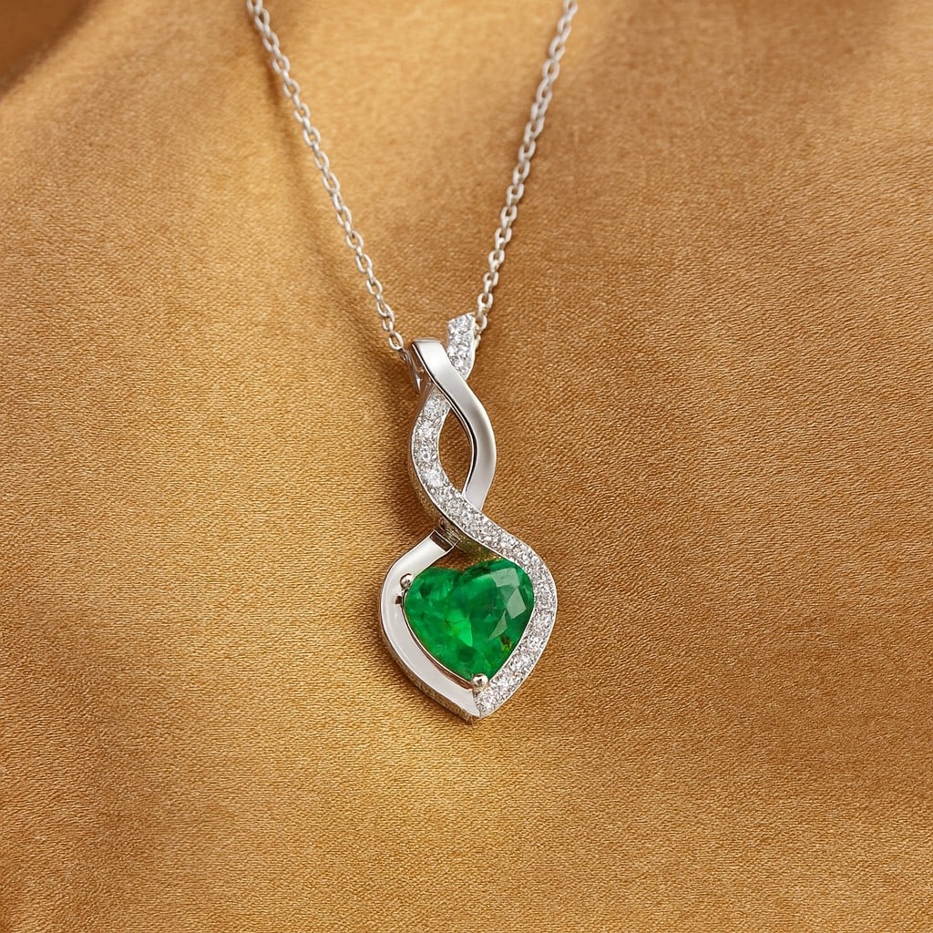 Lab Grown Emerald & Diamond 92.5 Sterling Silver Pendant with Chain: Lab Grown Emerald & Diamond 92.5 Sterling Silver Pendant with Chain Gemstone Shape : Heart Gemstone Size : 6 MM Gemstone Quantity : 1 Piece Diamond Type : Lab Grown Diamond Shape : Round Diamon