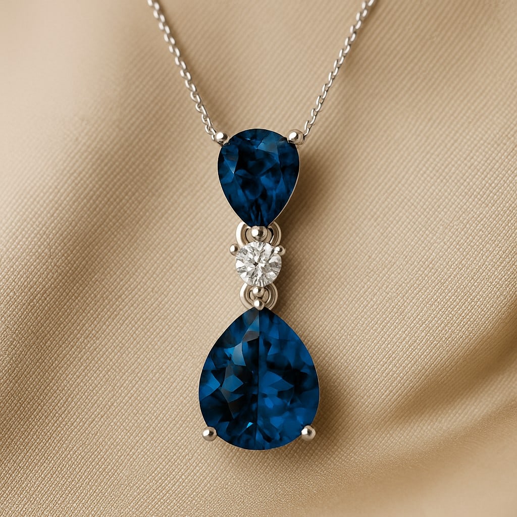 Natural London Blue Topaz & Diamond 92.5 Sterling Silver Pendant with Chain: Natural London Blue Topaz & Diamond 92.5 Sterling Silver Pendant with Chain Gemstone Shape : Pear Gemstone Size : 10x8 MM, 7x5 MM Gemstone Quantity : 2 Pieces Diamond Type : Lab Grown Diamond Shape :
