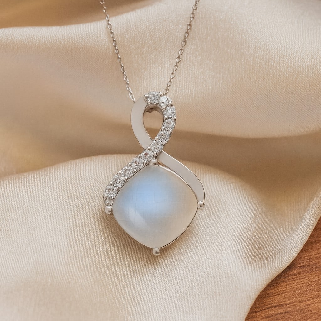 Natural Moonstone & Diamond 92.5 Sterling Silver Pendant with Chain: Natural Moonstone & Diamond 92.5 Sterling Silver Pendant with Chain Gemstone Shape : Cushion Square Gemstone Size : 8 MM Gemstone Quantity : 1 Piece Diamond Type : Lab Grown Diamond Shape : Round<