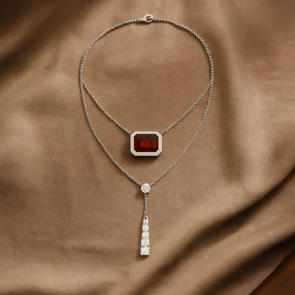 Natural Garnet & Diamond 92.5 Sterling Silver Necklace: Natural Garnet & Diamond 92.5 Sterling Silver Necklace Gemstone Shape : Emerald Gemstone Size : 6 MM Gemstone Quantity : 1 Piece Diamond Type : Lab Grown Diamond Shape : Round Diamond Color : <