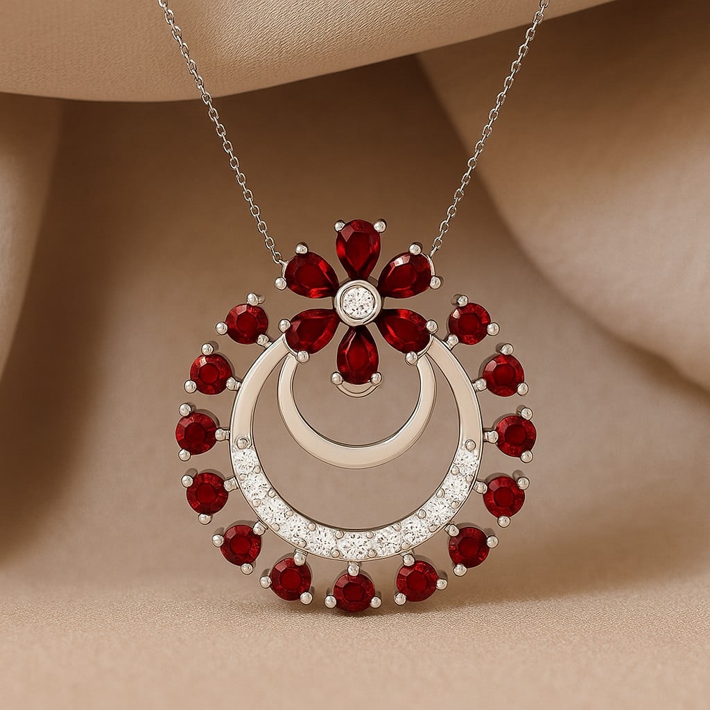 Natural Ruby & Diamond 92.5 Sterling Silver Pendant with Chain: Natural Ruby & Diamond 92.5 Sterling Silver Pendant with Chain Gemstone Shape : Round Gemstone Size : 3x2 MM, 2 MM Gemstone Quantity : 6 Pieces, 13 Pieces Diamond Type : Lab Grown Diamond Shape : Roun
