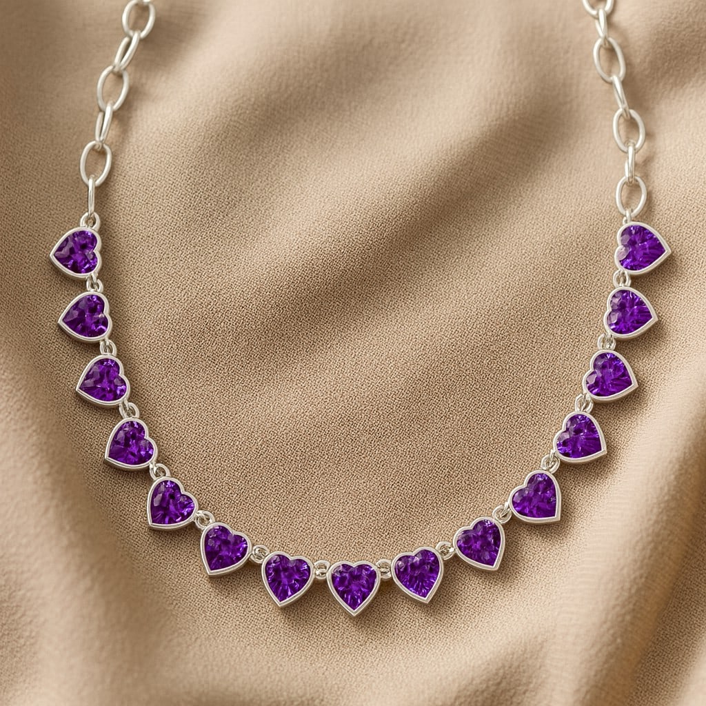 Natural Amethyst Gemstone 92.5 Sterling Silver Necklace: Natural Amethyst Gemstone 92.5 Sterling Silver Necklace Gemstone Shape : Heart Gemstone Size : 5 MM Gemstone Quantity : 15 Pieces Metal : Silver Metal Purity : 92.5 Sterling Silver Pendant Leng