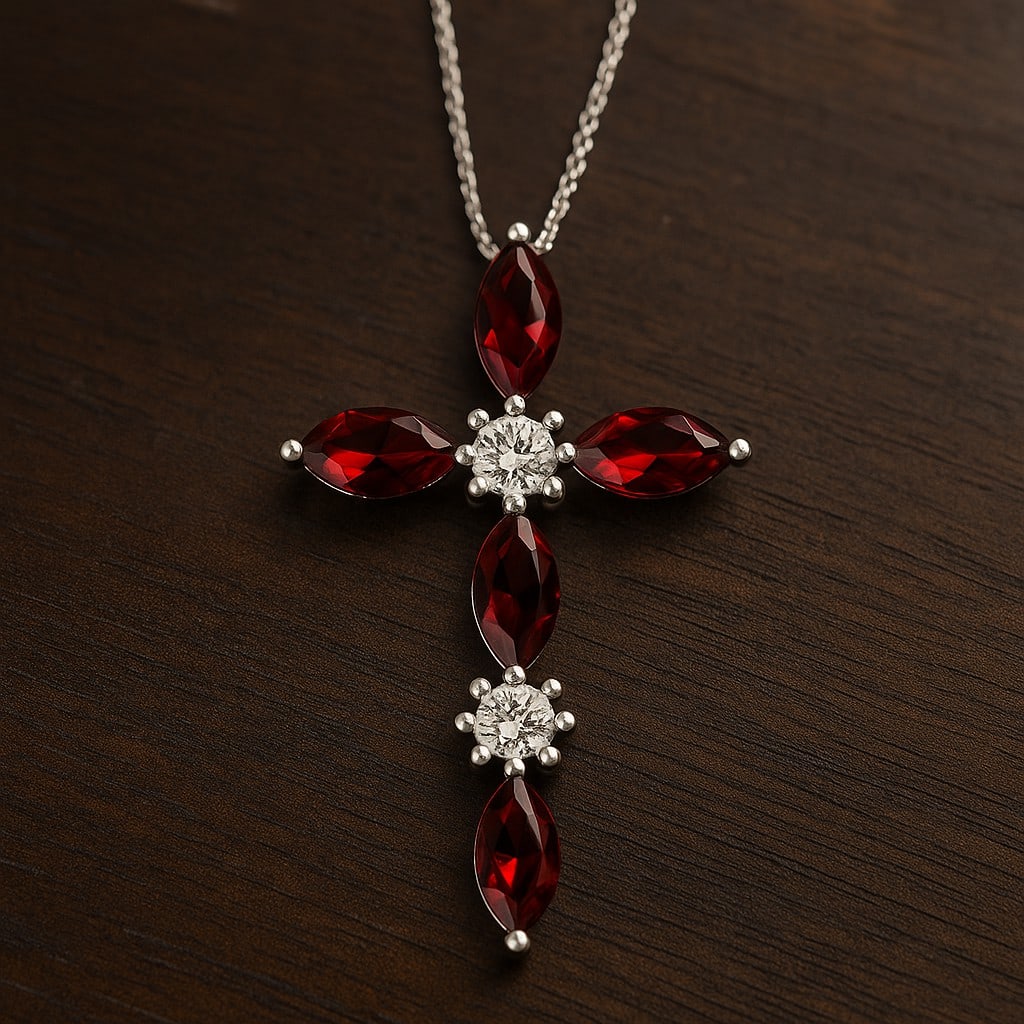 Natural Garnet & Diamond 92.5 Sterling Silver Pendant with Chain: Natural Garnet & Diamond 92.5 Sterling Silver Pendant with Chain Gemstone Shape : Marquise Gemstone Size : 7x3.5 MM Gemstone Quantity : 5 Pieces Diamond Type : Lab Grown Diamond Shape : Round D