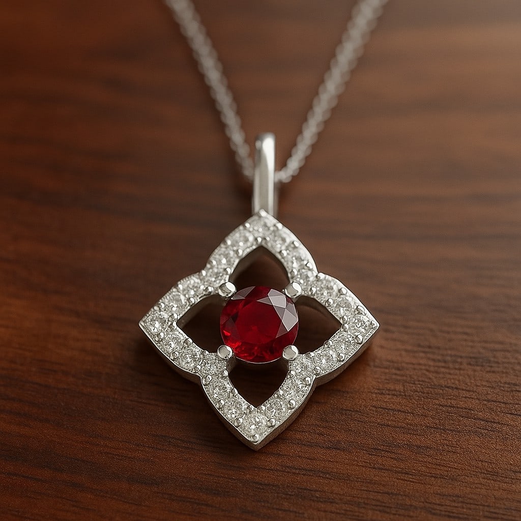 Natural Ruby & Diamond 92.5 Sterling Silver Pendant with Chain: Natural Ruby & Diamond 92.5 Sterling Silver Pendant with Chain Gemstone Shape : Round Gemstone Size : 3.3 MM Gemstone Quantity : 1 Piece Diamond Type : Lab Grown Diamond Shape : Round Diamond C