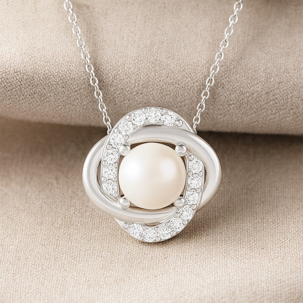 Natural Pearl & Diamond 92.5 Sterling Silver Necklace: Natural Pearl & Diamond 92.5 Sterling Silver Necklace Gemstone Shape : Round Gemstone Size : 6 MM Gemstone Quantity : 1 Piece Diamond Type : Lab Grown Diamond Shape : Round Diamond Color : D