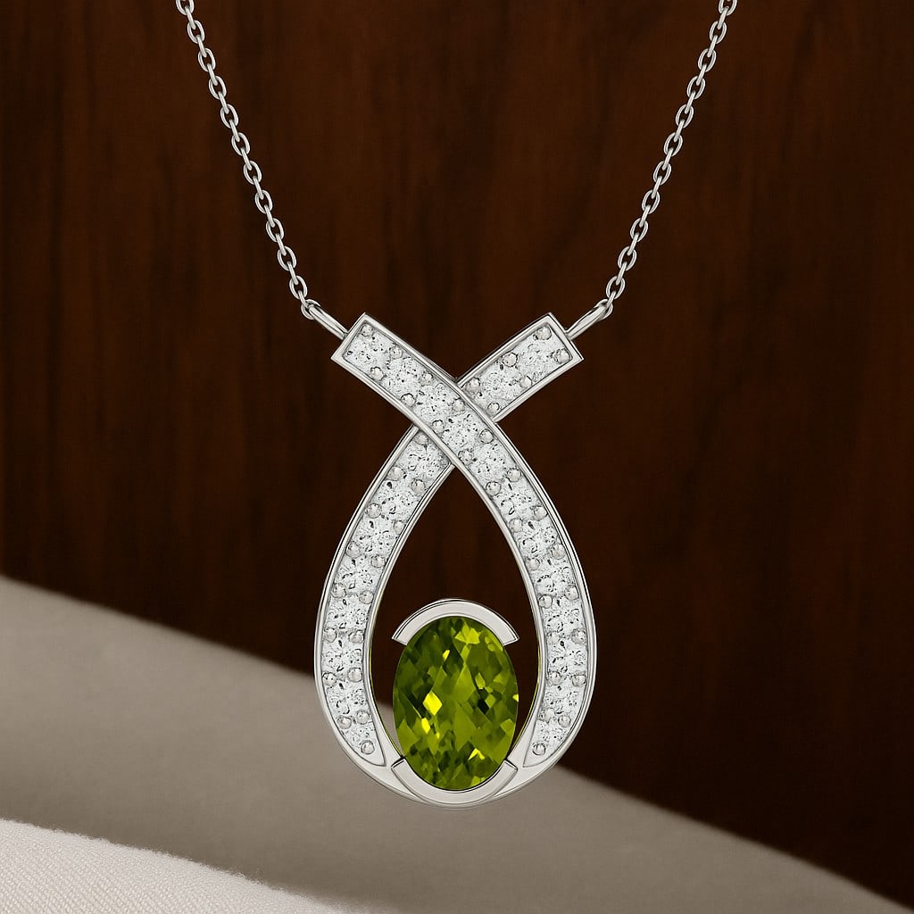 Natural Peridot & Diamond 92.5 Sterling Silver Pendant with Chain: Natural Peridot & Diamond 92.5 Sterling Silver Pendant with Chain Gemstone Shape : Oval Gemstone Size : 7x5 MM Gemstone Quantity : 1 Piece Diamond Type : Lab Grown Diamond Shape : Round Diamond