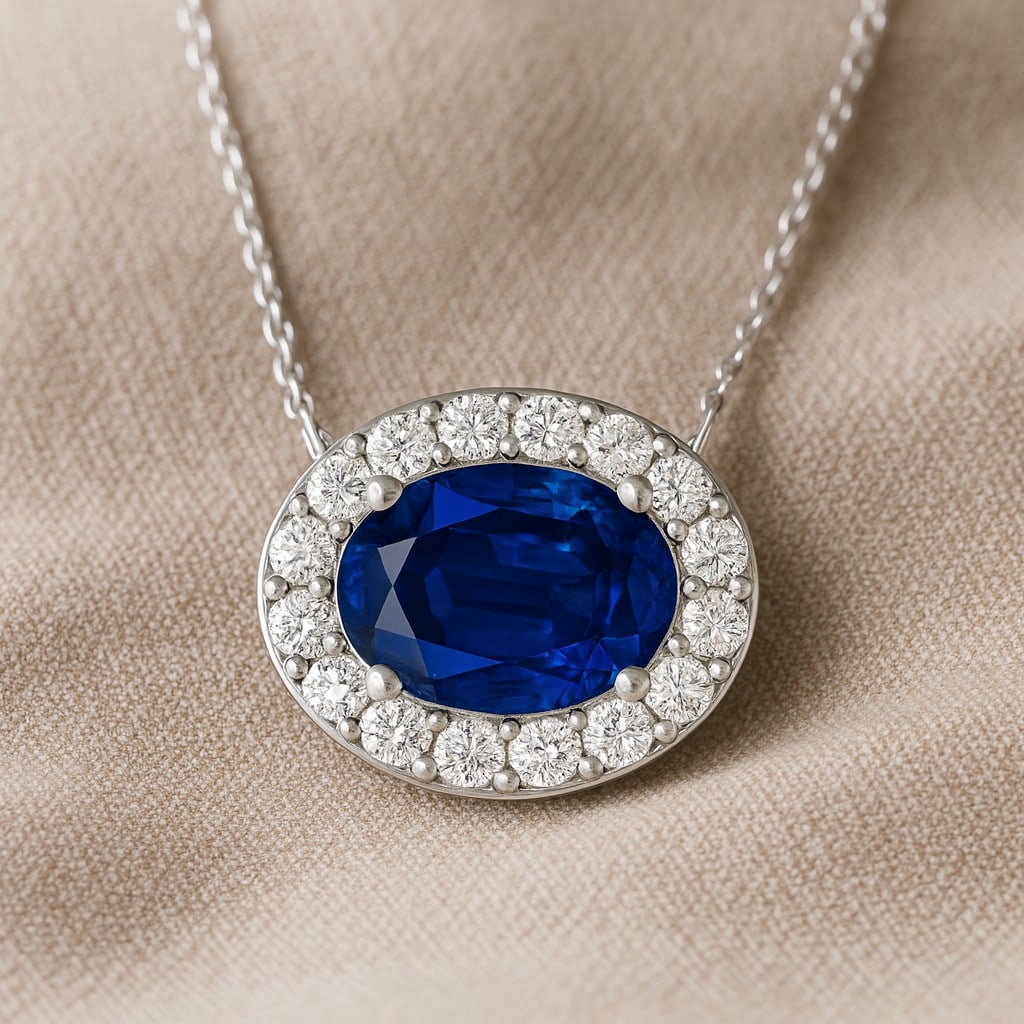 Natural Blue Sapphire & Diamond 92.5 Sterling Silver Pendant with Chain: Natural Blue Sapphire & Diamond 92.5 Sterling Silver Pendant with Chain Gemstone Shape : Oval Gemstone Size : 7x5 MM Gemstone Quantity : 1 Piece Diamond Type : Lab Grown Diamond Shape : Round D