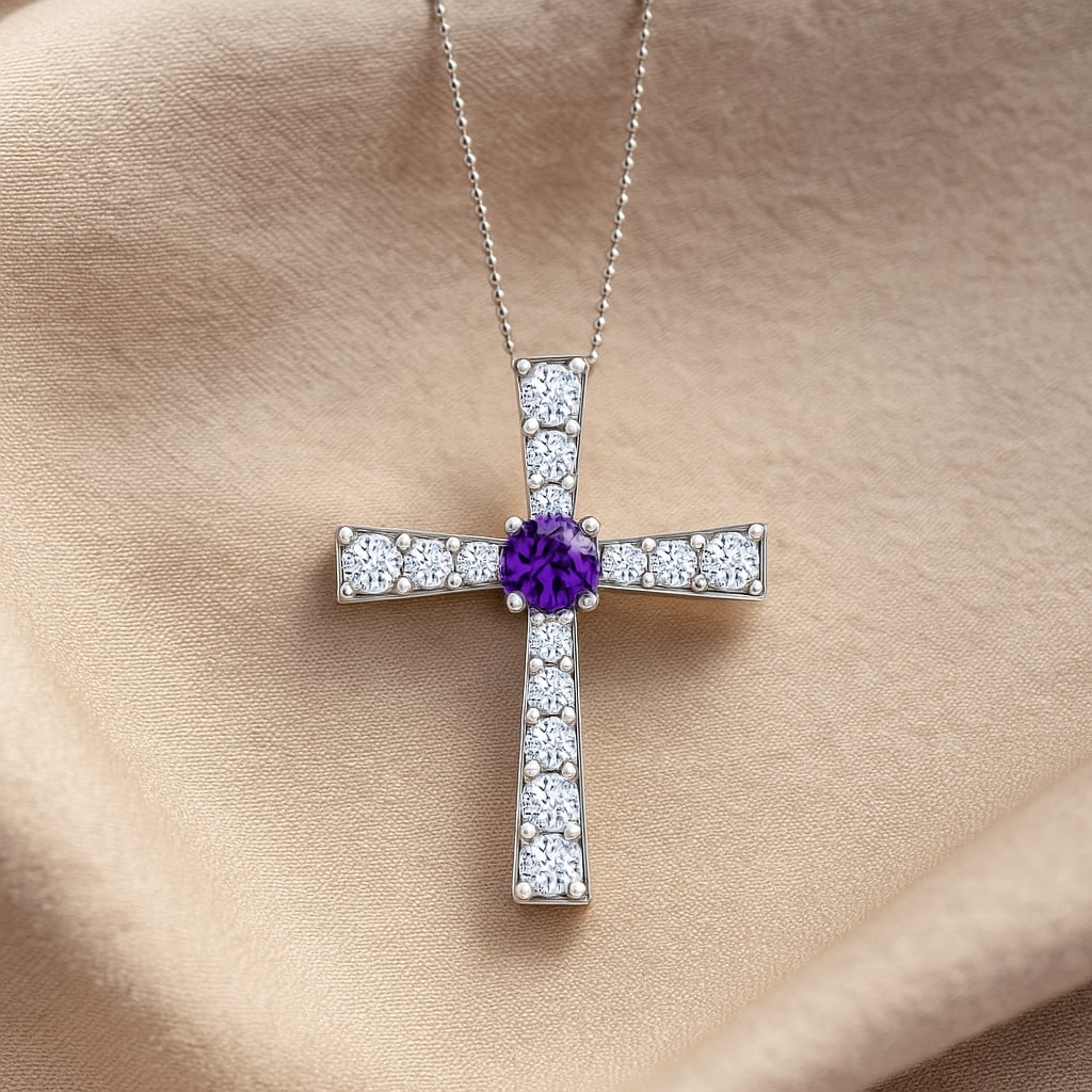 Natural Amethyst & Diamond 92.5 Sterling Silver Pendant with Chain: Natural Amethyst & Diamond 92.5 Sterling Silver Pendant with Chain Gemstone Shape : Round Gemstone Size : 3 MM Gemstone Quantity : 1 Piece Diamond Type : Lab Grown Diamond Shape : Round Diamond