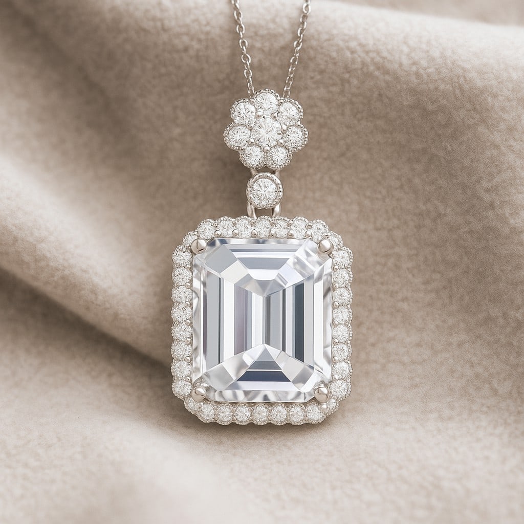 Lab Grown Diamond 92.5 Sterling Silver Pendant with Chain: Lab Grown Diamond 92.5 Sterling Silver Pendant with Chain Gemstone Shape : Emerald Gemstone Size : 12x10 MM Gemstone Quantity : 1 Piece Diamond Type : Lab Grown Diamond Shape : Round Diamond Co