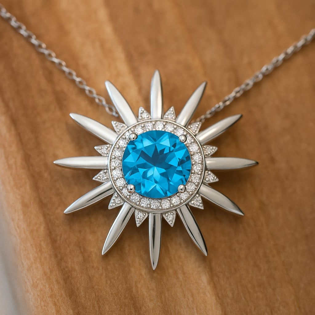 Natural Swiss Blue Topaz & Diamond 92.5 Sterling Silver Pendant with Chain: Natural Swiss Blue Topaz & Diamond 92.5 Sterling Silver Pendant with Chain Gemstone Shape : Round Gemstone Size : 8 MM Gemstone Quantity : 1 Piece Diamond Type : Lab Grown Diamond Shape : Round