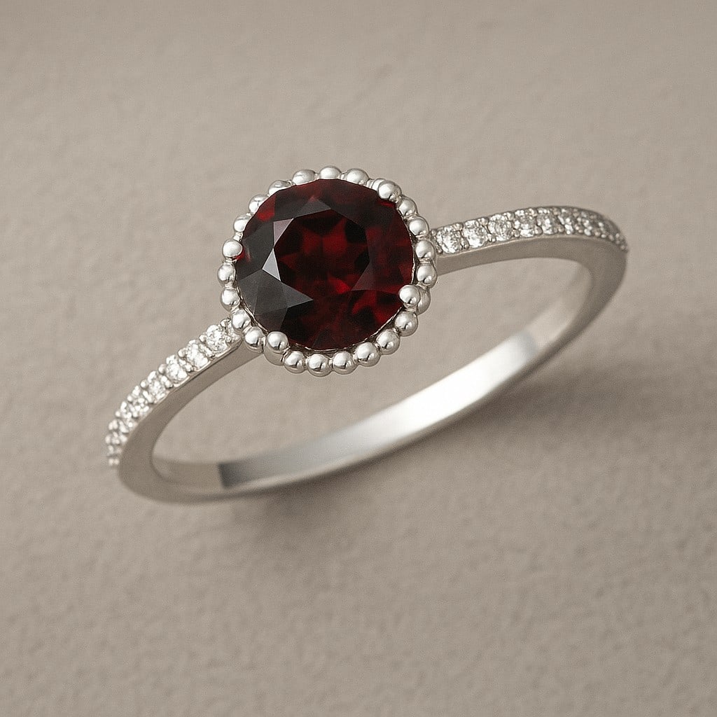 Natural Garnet Gemstone & Lab Grown Diamonds Silver Ring: Natural Garnet Gemstone & Lab Grown Diamonds Silver Ring Jewelry Type : Ring Gemstone : Natural Garnet Gemstone Shape : Round Gemstone Size : 7 MM Gemstone Quantity : 1 Piece Diamond Type :