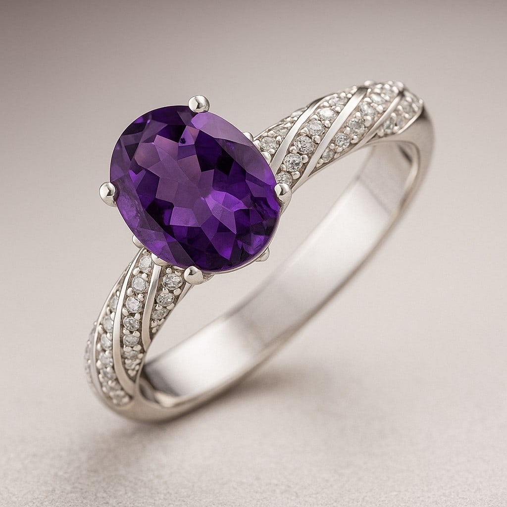 Natural Amethyst Gemstone & Lab Grown Diamonds Silver Ring: Natural Amethyst Gemstone & Lab Grown Diamonds Silver Ring Jewelry Type : Ring Gemstone : Natural Amethyst Gemstone Shape : Oval Gemstone Size : 8x6 MM Gemstone Quantity : 1 Piece Diamond Ty