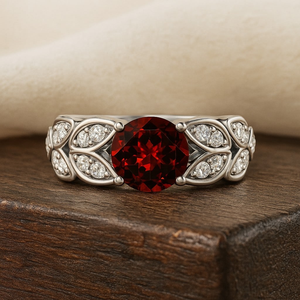 Natural Garnet Gemstone & Lab Grown Diamonds Silver Ring: Natural Garnet Gemstone & Lab Grown Diamonds Silver Ring Jewelry Type : Ring Gemstone : Natural Garnet Gemstone Shape : Round Gemstone Size : 7 MM Gemstone Quantity : 1 Piece Diamond Type :