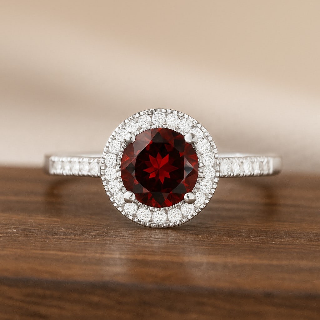 Natural Garnet Gemstone & Lab Grown Diamonds Silver Ring: Natural Garnet Gemstone & Lab Grown Diamonds Silver Ring Jewelry Type : Ring Gemstone : Natural Garnet Gemstone Shape : Round Gemstone Size : 7 MM Gemstone Quantity : 1 Piece Diamond Type :