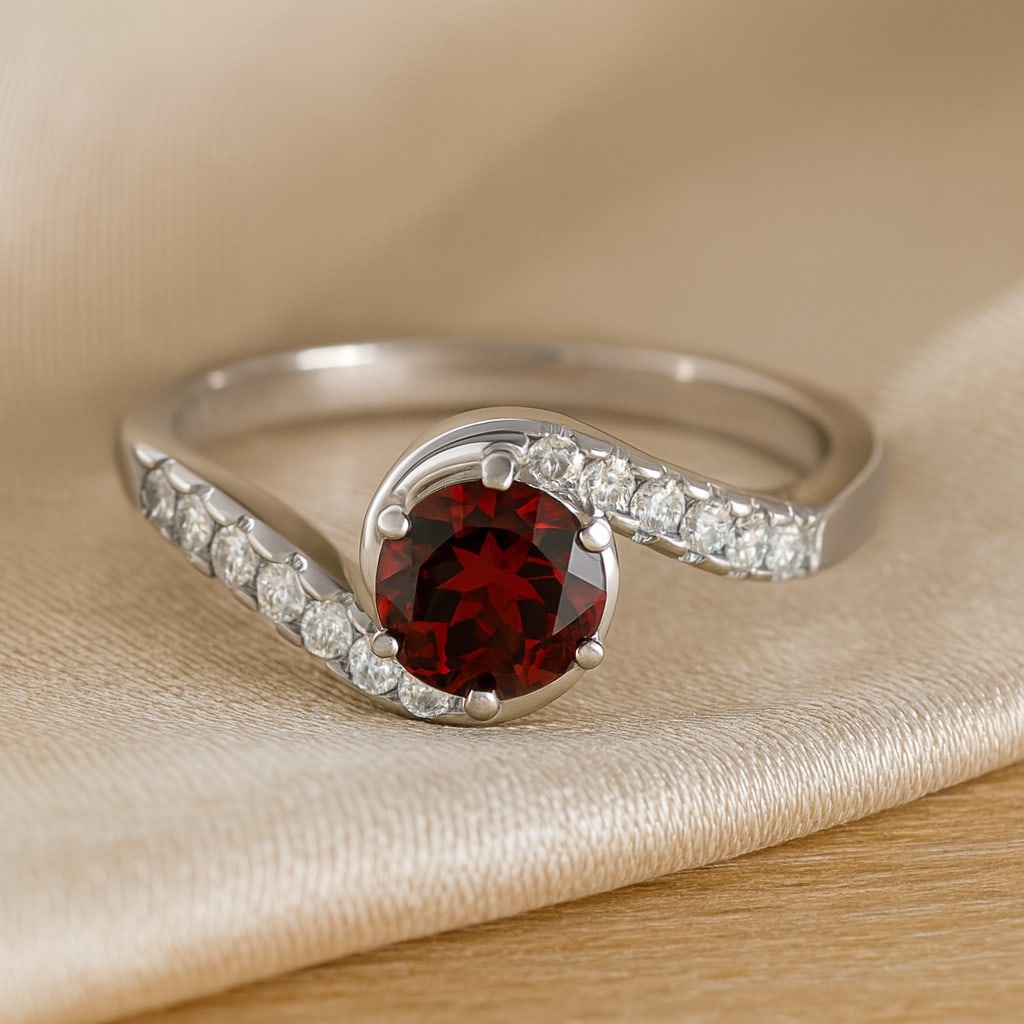 Natural Garnet Gemstone & Lab Grown Diamonds Silver Ring: Natural Garnet Gemstone & Lab Grown Diamonds Silver Ring Jewelry Type : Ring Gemstone : Natural Garnet Gemstone Shape : Round Gemstone Size : 6 MM Gemstone Quantity : 1 Piece Diamond Type :