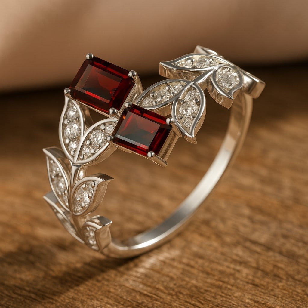 Natural Garnet Gemstone & Lab Grown Diamonds Silver Ring: Natural Garnet Gemstone & Lab Grown Diamonds Silver Ring Jewelry Type : Ring Gemstone : Natural Garnet Gemstone Shape : Emerald Gemstone Size : 5x4 MM Gemstone Quantity : 2 Pieces Diamond Ty