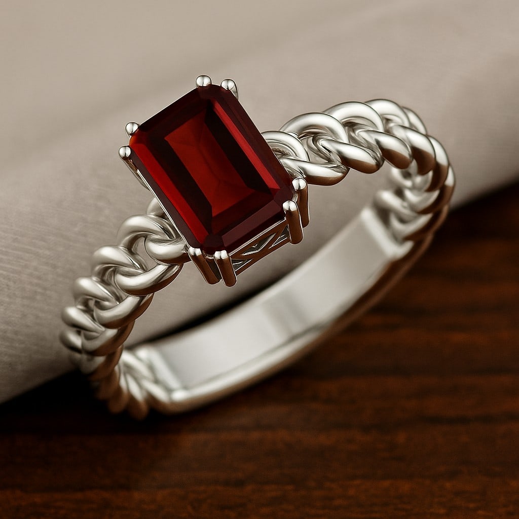 Natural Garnet Gemstone 92.5 Sterling Silver Ring: Natural Garnet Gemstone 92.5 Sterling Silver Ring Jewelry Type : Ring Gemstone : Natural Garnet Gemstone Shape : Emerald Gemstone Size : 8x6 MM Gemstone Quantity : 1 Piece Metal : Silver<