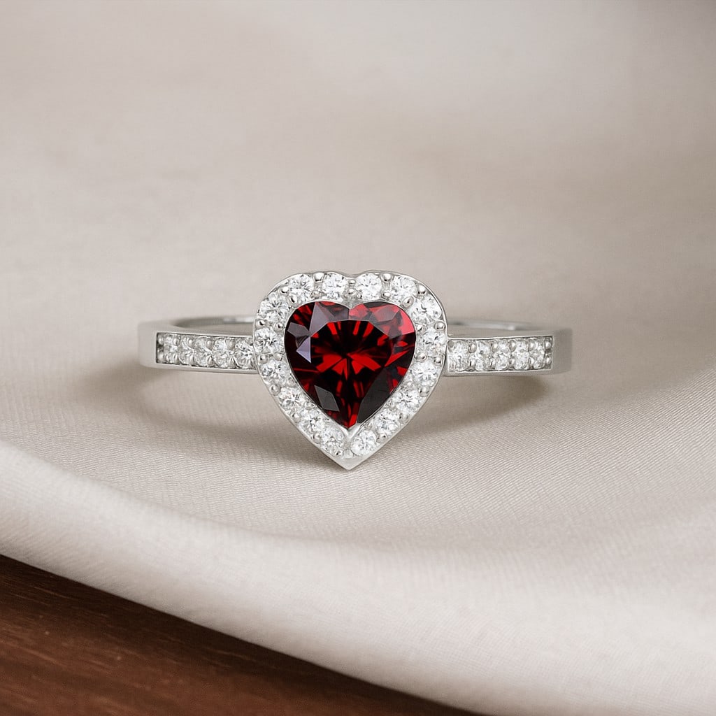 Natural Garnet Gemstone & Lab Grown Diamonds Silver Ring: Natural Garnet Gemstone & Lab Grown Diamonds Silver Ring Jewelry Type : Ring Gemstone : Natural Garnet Gemstone Shape : Heart Gemstone Size : 6 MM Gemstone Quantity : 1 Piece Diamond Type :