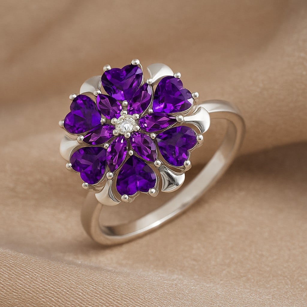 Natural Amethyst Gemstone & Lab Grown Diamonds Silver Ring: Natural Amethyst Gemstone & Lab Grown Diamonds Silver Ring Jewelry Type : Ring Gemstone : Natural Amethyst Gemstone Shape : Heart, Marquise Gemstone Size : 4 MM, 4x2 MM Gemstone Quantity : 12 Piece