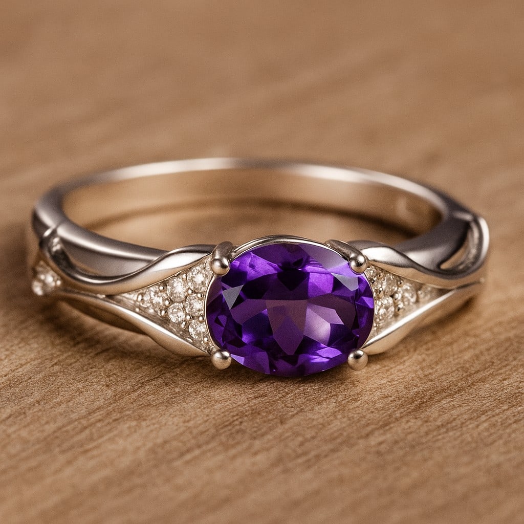 Natural Amethyst Gemstone & Lab Grown Diamonds Silver Ring: Natural Amethyst Gemstone & Lab Grown Diamonds Silver Ring Jewelry Type : Ring Gemstone : Natural Amethyst Gemstone Shape : Oval Gemstone Size : 8x6 MM Gemstone Quantity : 1 Piece Diamond Ty