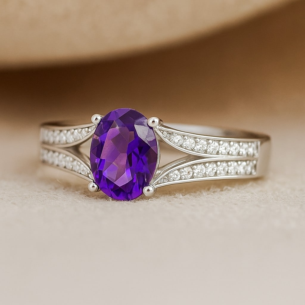 Natural Amethyst Gemstone & Lab Grown Diamonds Silver Ring: Natural Amethyst Gemstone & Lab Grown Diamonds Silver Ring Jewelry Type : Ring Gemstone : Natural Amethyst Gemstone Shape : Oval Gemstone Size : 7x5 MM Gemstone Quantity : 1 Piece Diamond Ty
