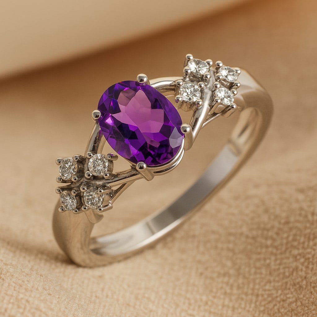 Natural Amethyst Gemstone & Lab Grown Diamonds Silver Ring: Natural Amethyst Gemstone & Lab Grown Diamonds Silver Ring Jewelry Type : Ring Gemstone : Natural Amethyst Gemstone Shape : Oval Gemstone Size : 8x6 MM Gemstone Quantity : 1 Piece Diamond Ty