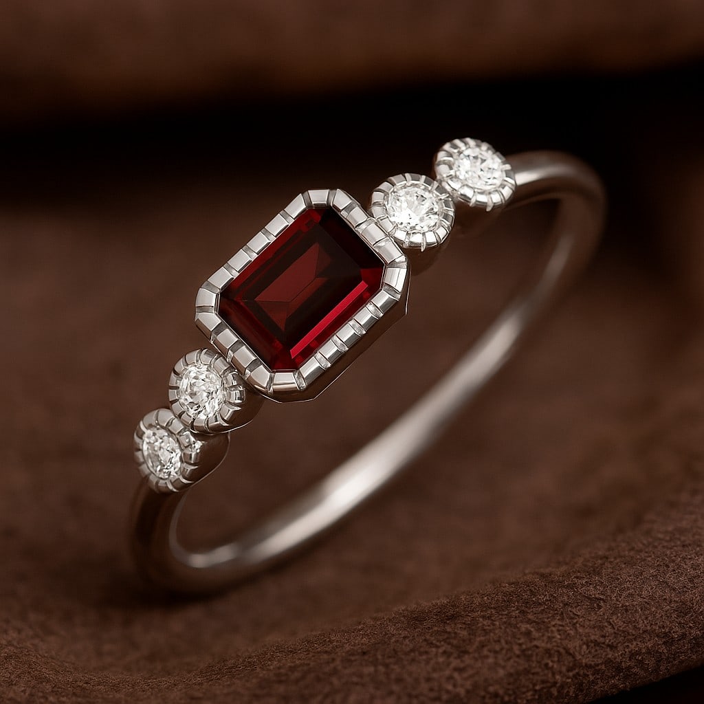 Natural Garnet Gemstone & Lab Grown Diamonds Silver Ring: Natural Garnet Gemstone & Lab Grown Diamonds Silver Ring Jewelry Type : Ring Gemstone : Natural Garnet Gemstone Shape : Emerald Gemstone Size : 6x4 MM Gemstone Quantity : 1 Piece Diamond Typ