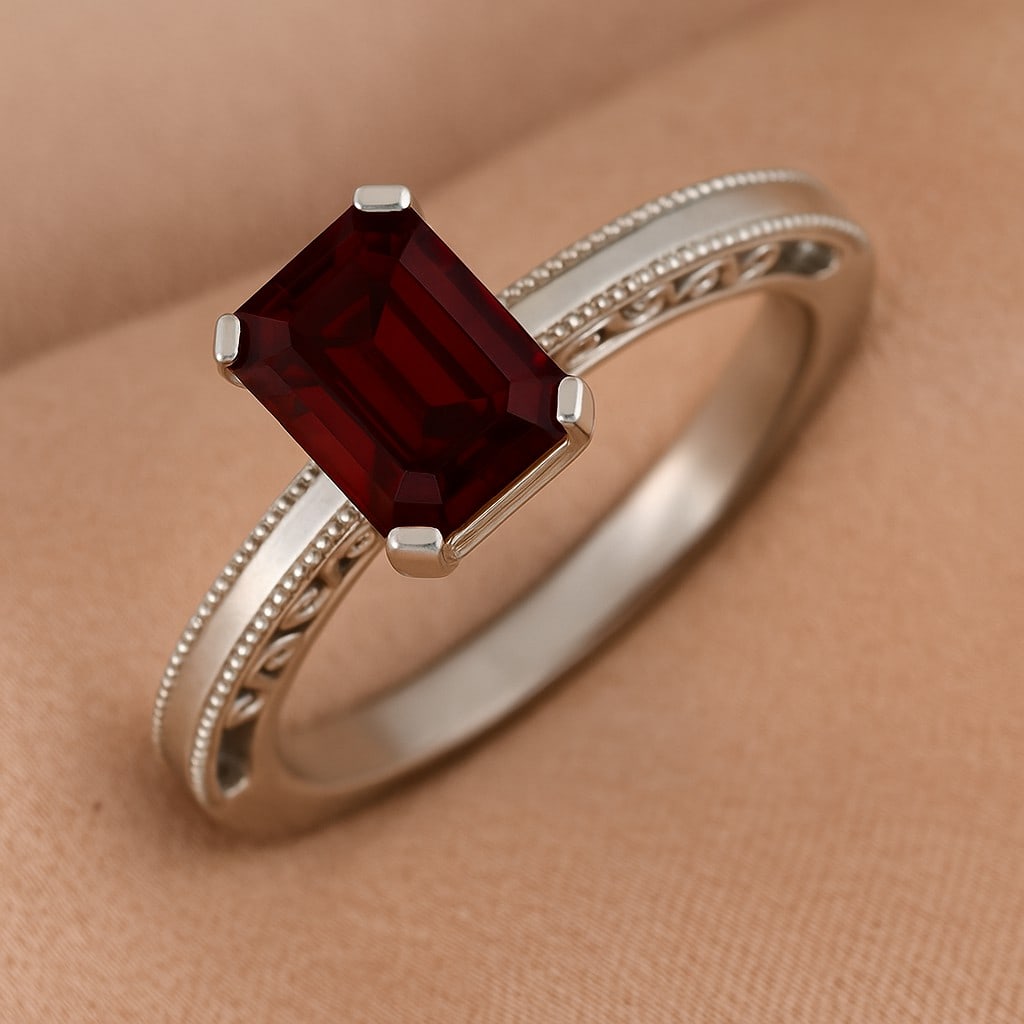 Natural Garnet Gemstone 92.5 Sterling Silver Ring: Natural Garnet Gemstone 92.5 Sterling Silver Ring Jewelry Type : Ring Gemstone : Natural Garnet Gemstone Shape : Emerald Gemstone Size : 8x6 MM Gemstone Quantity : 1 Piece Metal : Silver<