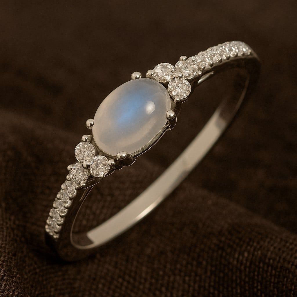 Natural Moonstone Gemstone & Lab Grown Diamonds Silver Ring: Natural Moonstone Gemstone & Lab Grown Diamonds Silver Ring Jewelry Type : Ring Gemstone : Natural Moonstone Gemstone Shape : Oval Gemstone Size : 7x5 MM Gemstone Quantity : 1 Piece Diamond