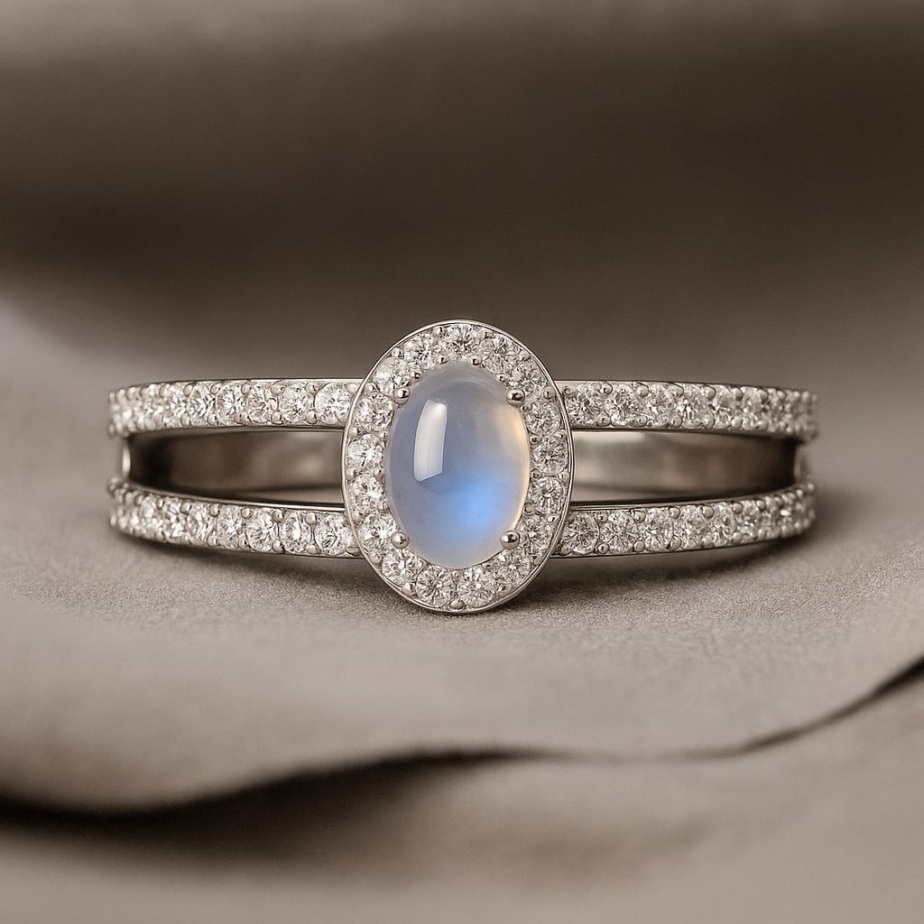 Natural Moonstone Gemstone & Lab Grown Diamonds Silver Ring: Natural Moonstone Gemstone & Lab Grown Diamonds Silver Ring Jewelry Type : Ring Gemstone : Natural Moonstone Gemstone Shape : Oval Gemstone Size : 6x4 MM Gemstone Quantity : 1 Piece Diamond