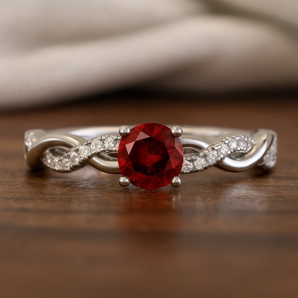 Natural Garnet Gemstone & Lab Grown Diamonds Silver Ring: Natural Garnet Gemstone & Lab Grown Diamonds Silver Ring Jewelry Type : Ring Gemstone : Natural Garnet Gemstone Shape : Round Gemstone Size : 5 MM Gemstone Quantity : 1 Piece Diamond Type :