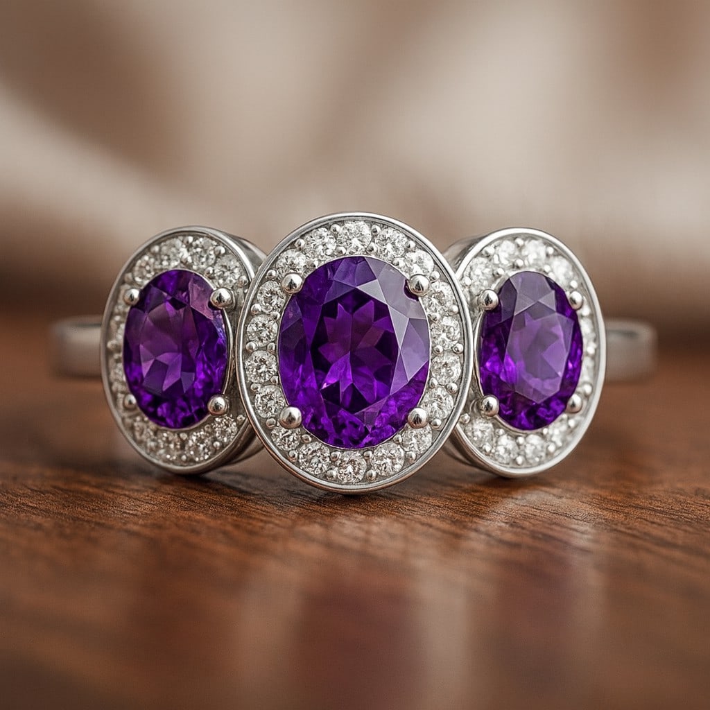 Natural Amethyst Gemstone & Lab Grown Diamonds Silver Ring: Natural Amethyst Gemstone & Lab Grown Diamonds Silver Ring Jewelry Type : Ring Gemstone : Natural Amethyst Gemstone Shape : Oval Gemstone Size : 7x5 MM, 6x4 MM Gemstone Quantity : 1 Piece, 2 Pieces