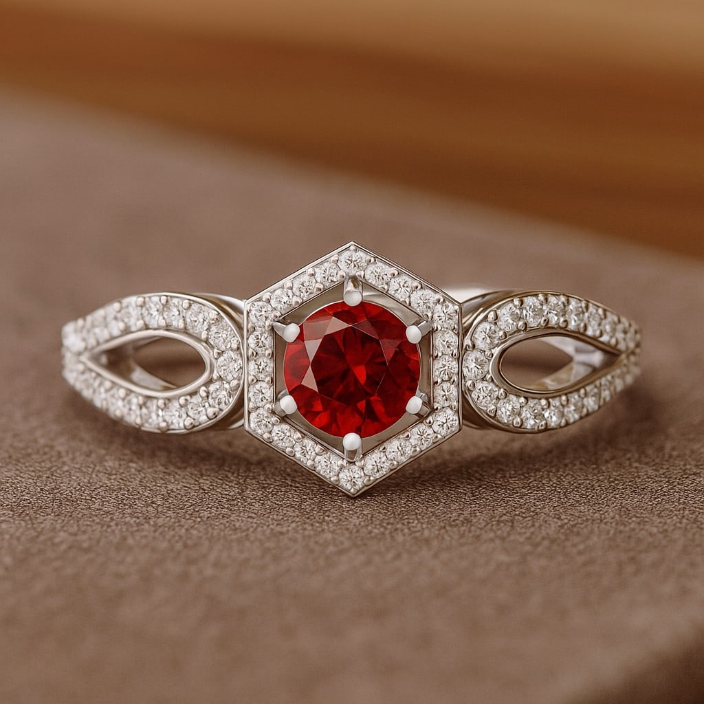 Natural Garnet Gemstone & Lab Grown Diamonds Silver Ring: Natural Garnet Gemstone & Lab Grown Diamonds Silver Ring Jewelry Type : Ring Gemstone : Natural Garnet Gemstone Shape : Round Gemstone Size : 5 MM Gemstone Quantity : 1 Piece Diamond Type :