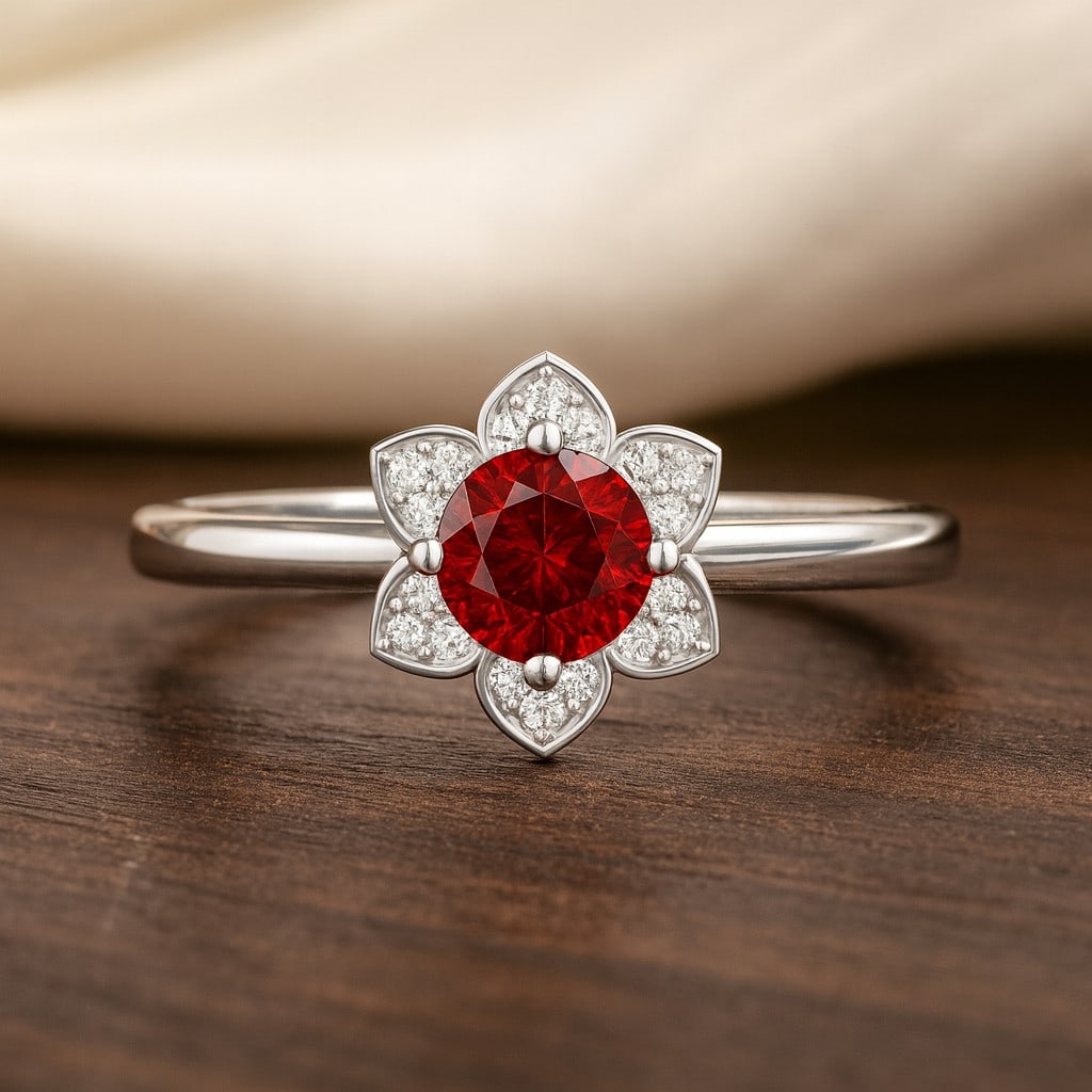 Natural Garnet Gemstone & Lab Grown Diamonds Silver Ring: Natural Garnet Gemstone & Lab Grown Diamonds Silver Ring Jewelry Type : Ring Gemstone : Natural Garnet Gemstone Shape : Round Gemstone Size : 5 MM Gemstone Quantity : 1 Piece Diamond Type :