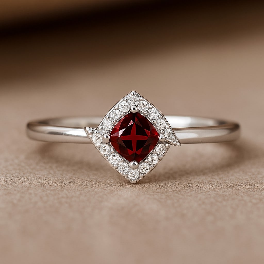 Natural Garnet Gemstone & Lab Grown Diamonds Silver Ring (1 of 7)