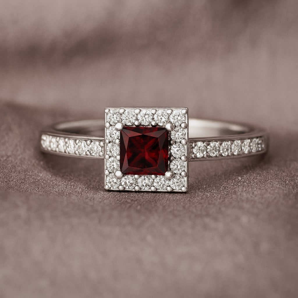 Natural Garnet Gemstone & Lab Grown Diamonds Silver Ring: Natural Garnet Gemstone & Lab Grown Diamonds Silver Ring Jewelry Type : Ring Gemstone : Natural Garnet Gemstone Shape : Princess Gemstone Size : 4 MM Gemstone Quantity : 1 Piece Diamond Type